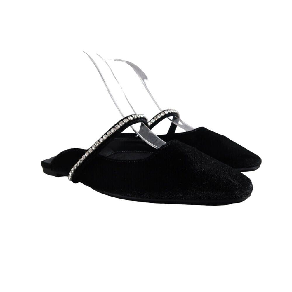 A New Day Shoes Women 7 Mules Velvet Slip On Rhinestone Strap Black Fashion Flat